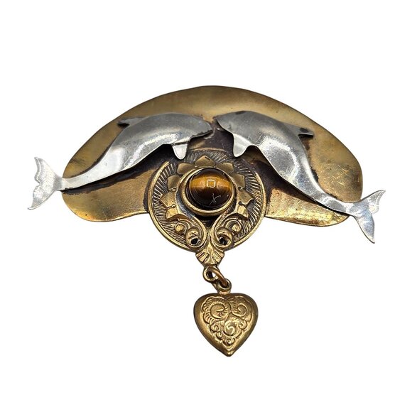 Vintage Mixed Metals Dolphin Brooch Tigers Eye Stone Dangling Heart Charm - Picture 1 of 4